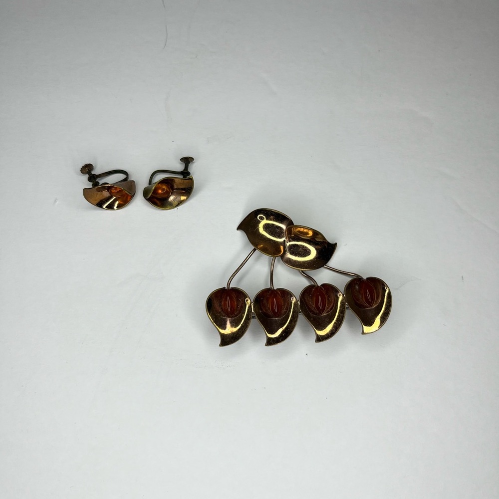 Vintage Gold Plated Parure Leaf Jewelry Pin & Back Earrings Amber‎ Brooch - Picture 2 of 8